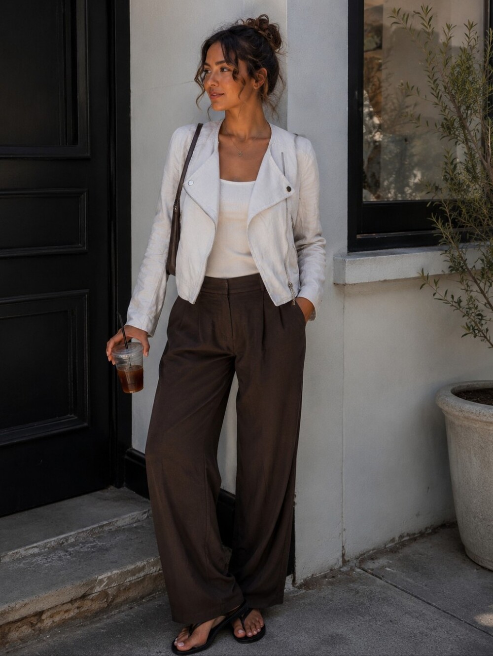 H&M Linen Blend Moto Jacket Ivory Biker Minimalist Quiet Luxury US 8
